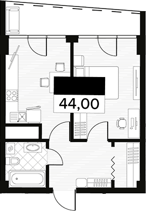 Планировка свободная планировка 44 м² в ЖК «Горизонт. AVA Сочи», корпус 8