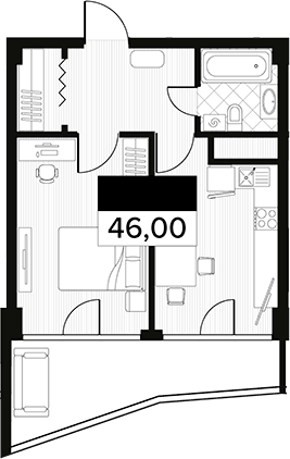 Планировка свободная планировка 46 м² в ЖК «Горизонт. AVA Сочи», корпус 2