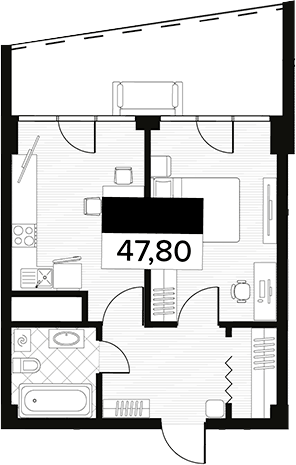 Планировка свободная планировка 47.8 м² в ЖК «Горизонт. AVA Сочи», корпус 8