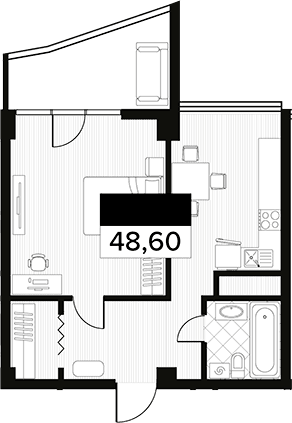 Планировка свободная планировка 48.6 м² в ЖК «Горизонт. AVA Сочи», корпус 2