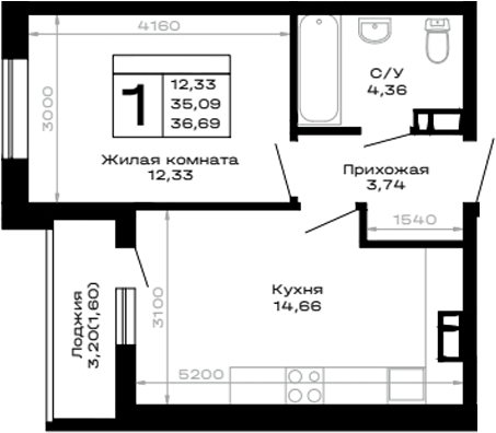 Планировка однокомнатная 36.69 м² в ЖК «Горные высоты», корпус 4.1
