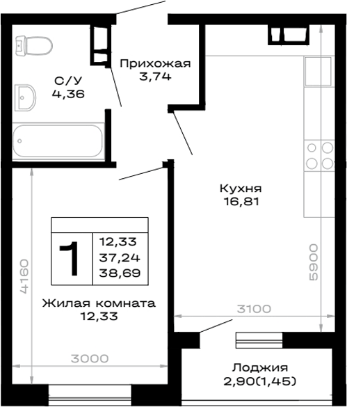 Планировка однокомнатная 38.69 м² в ЖК «Горные высоты», корпус 4.4