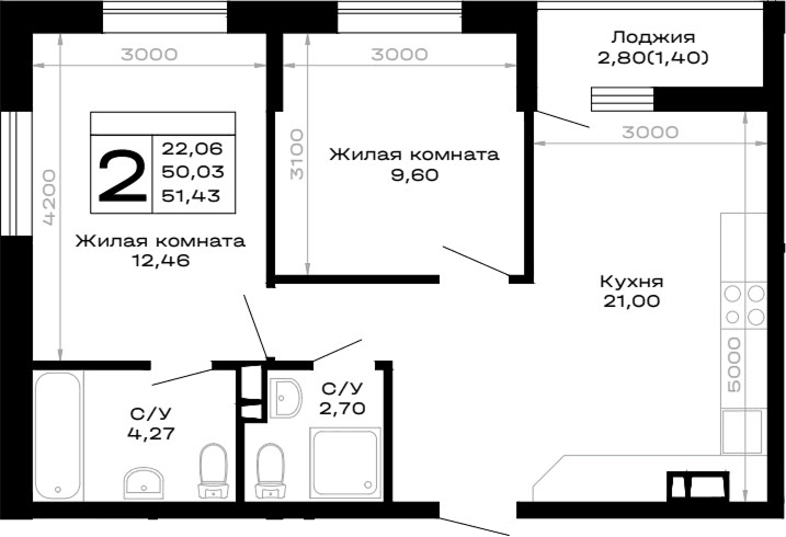 Планировка двухкомнатная 51.43 м² в ЖК «Горные высоты», корпус 3.4
