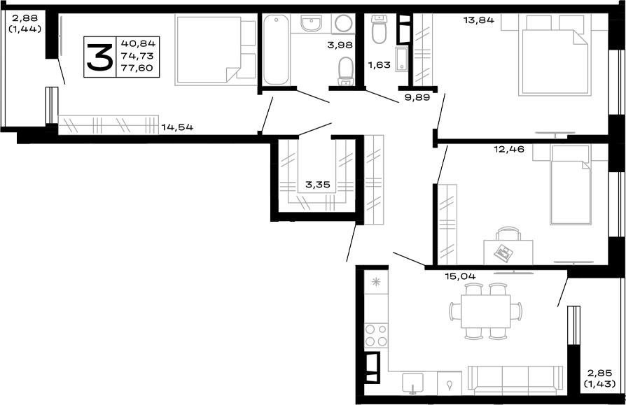 Планировка трёхкомнатная 77.6 м² в ЖК «Горные высоты», корпус 5.3
