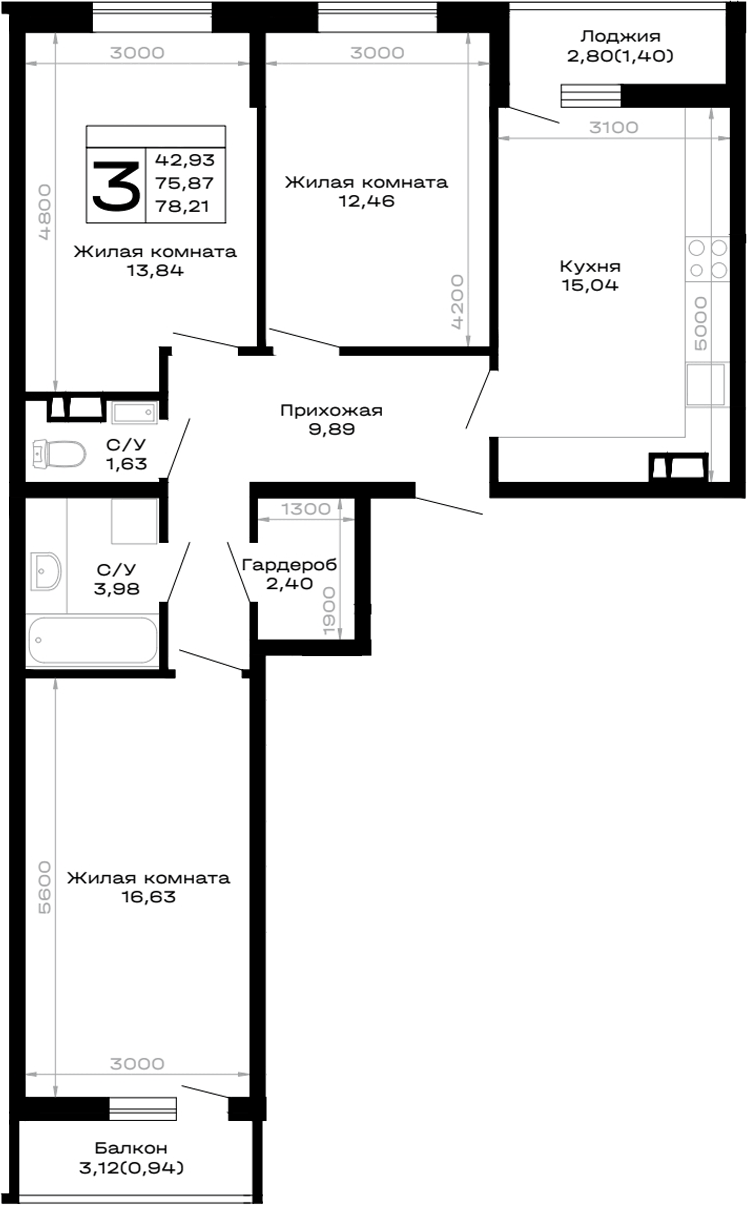 Планировка трёхкомнатная 78.31 м² в ЖК «Горные высоты», корпус 4.4