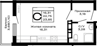 Планировка Студии 23.85 м² в ЖК «Горные высоты», корпус 4.3