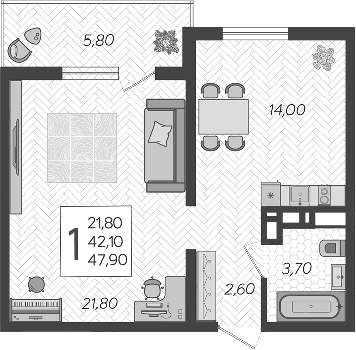 Планировка однокомнатная 47.9 м² в ЖК «Горный квартал», корпус 6