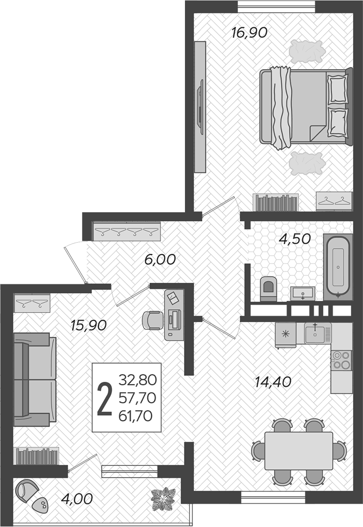 Планировка двухкомнатная 61.7 м² в ЖК «Горный квартал», корпус 2