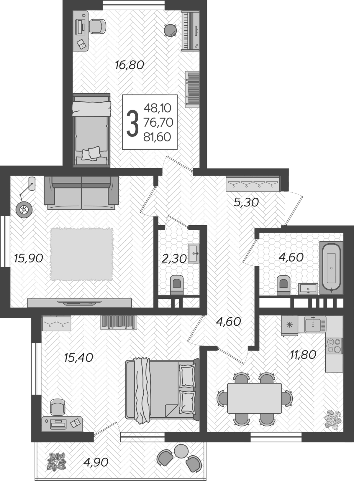 Планировка трёхкомнатная 81.6 м² в ЖК «Горный квартал», корпус 2