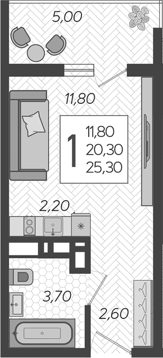 Планировка Студии 25.3 м² в ЖК «Горный квартал», корпус 3