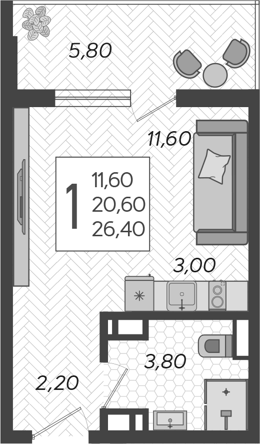 Планировка Студии 26.4 м² в ЖК «Горный квартал», корпус 2