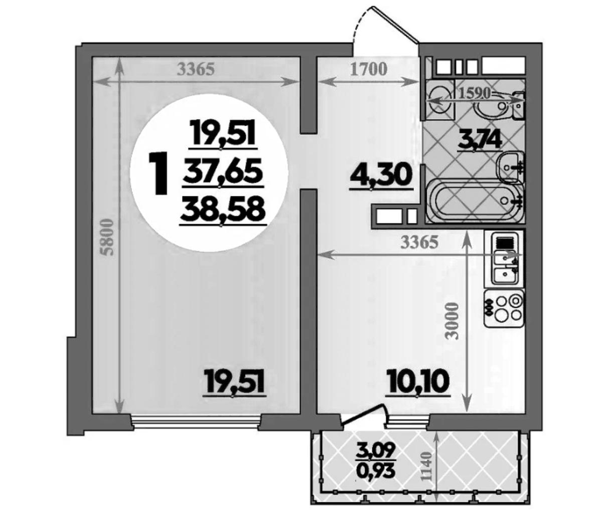 Планировка однокомнатная 38.58 м² в ЖК «Город у моря», корпус 17