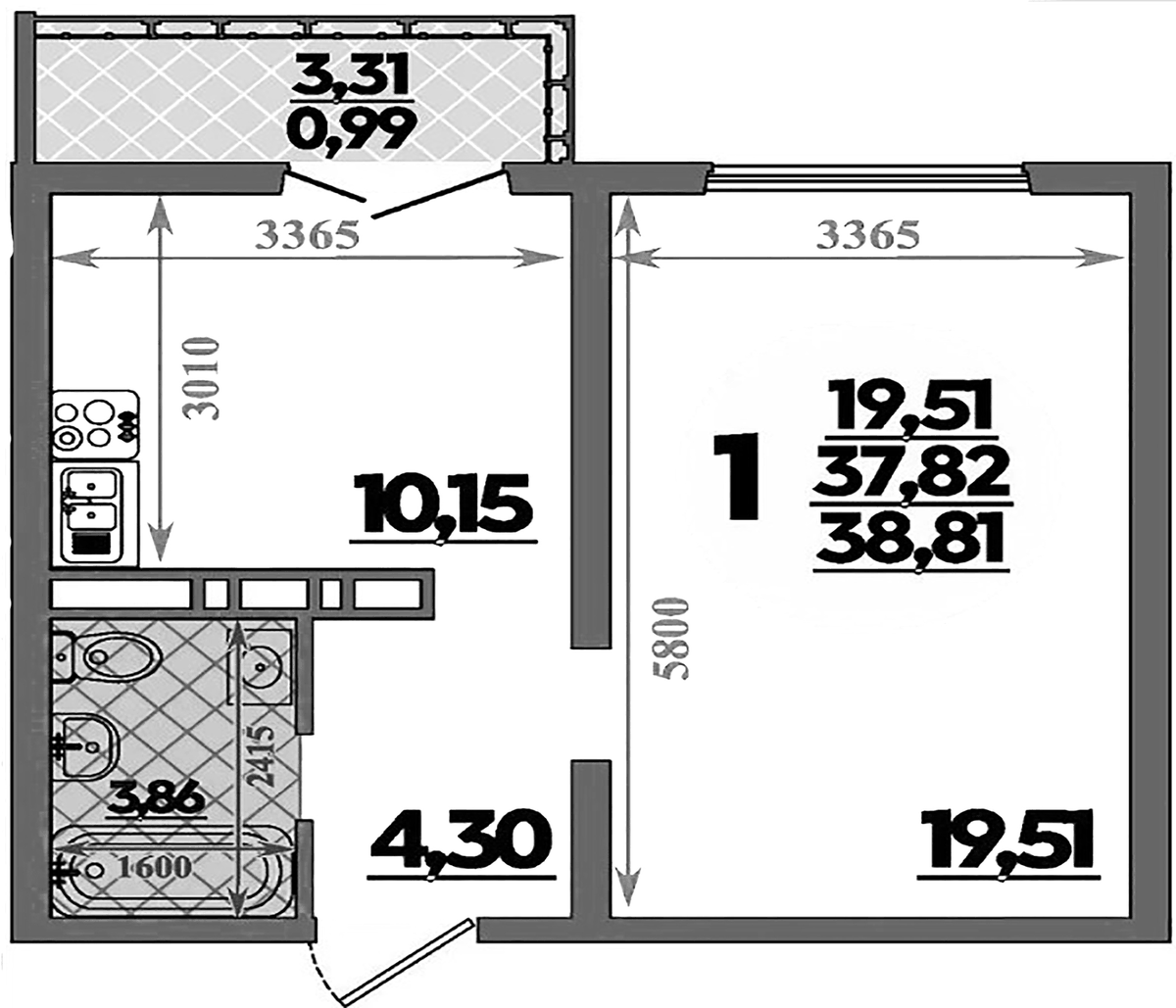 Планировка однокомнатная 38.81 м² в ЖК «Город у моря», корпус 21