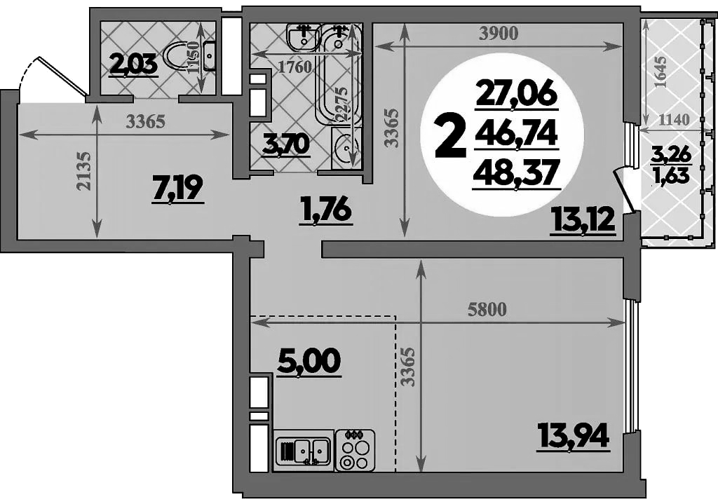 Планировка евродвушка (2Е) 48.37 м² в ЖК «Город у моря», корпус 17