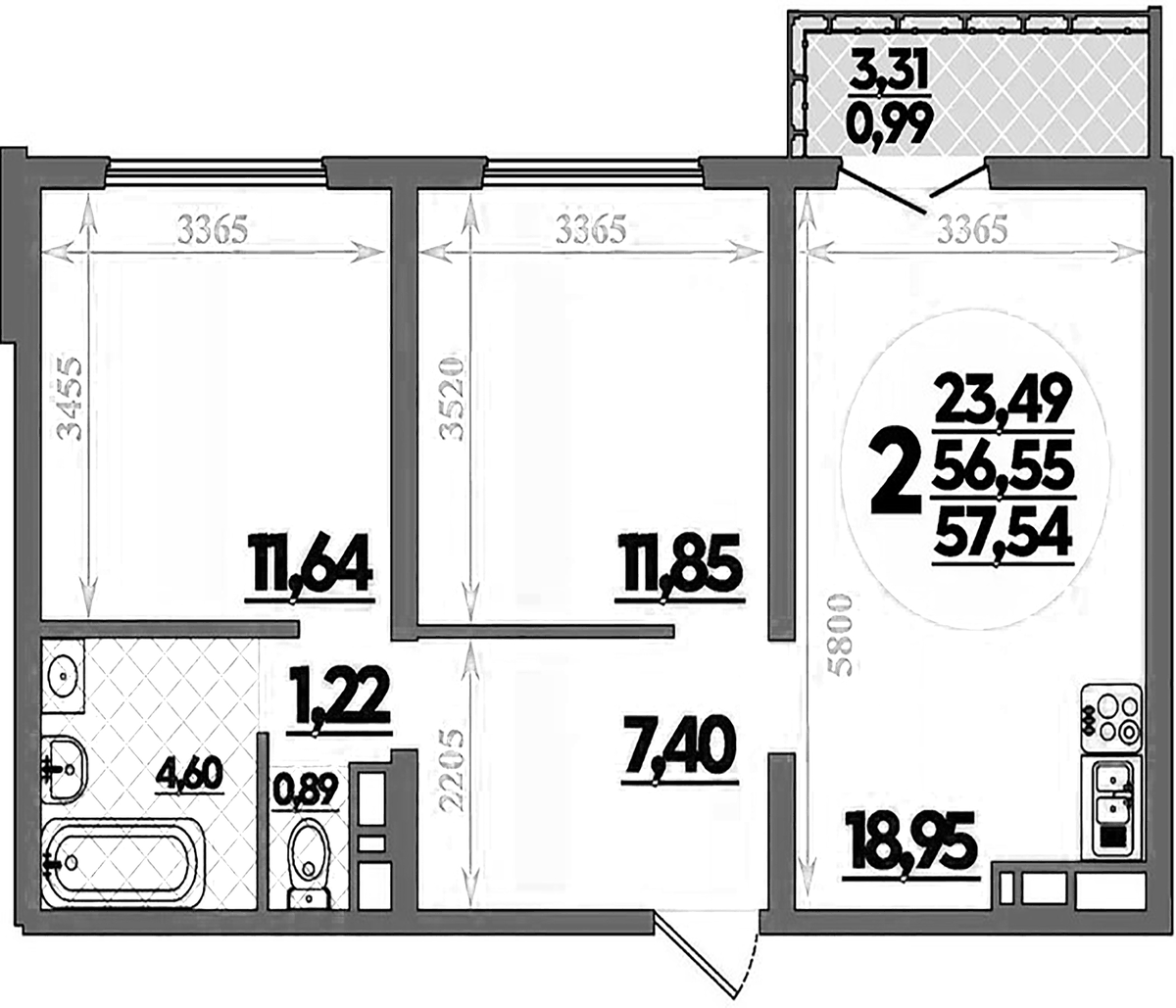 Планировка двухкомнатная 57.54 м² в ЖК «Город у моря», корпус 21