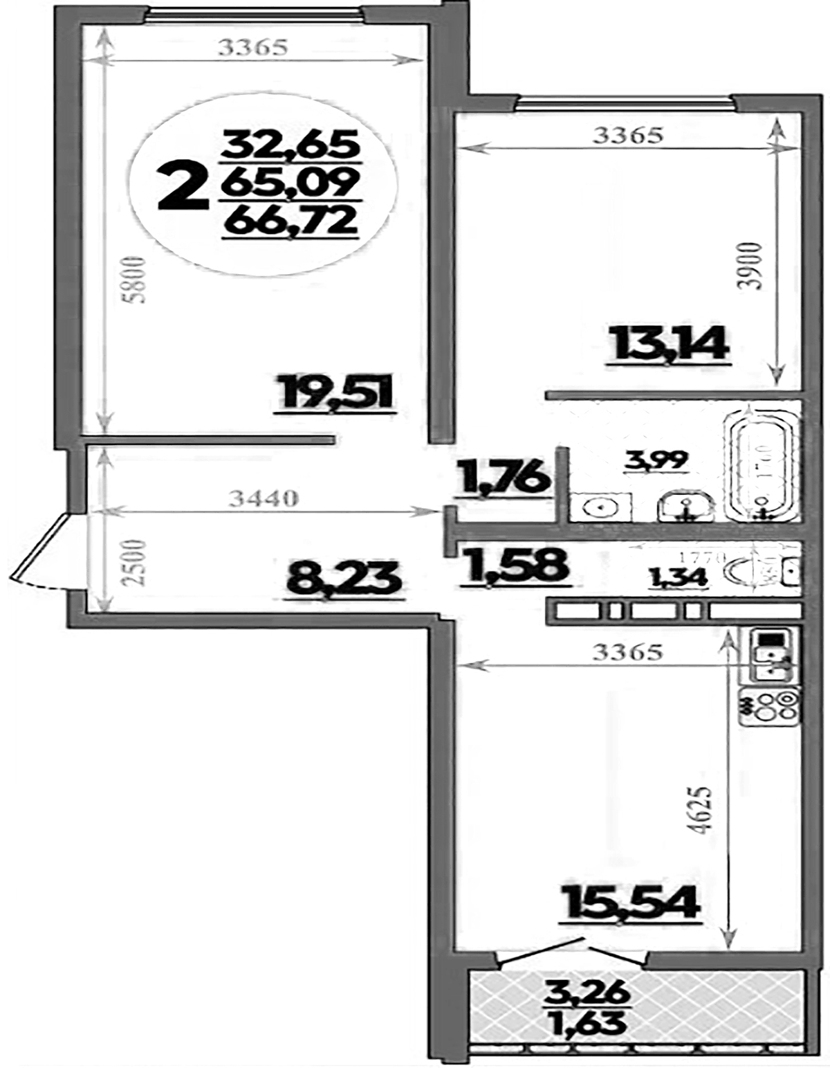 Планировка двухкомнатная 66.72 м² в ЖК «Город у моря», корпус 21