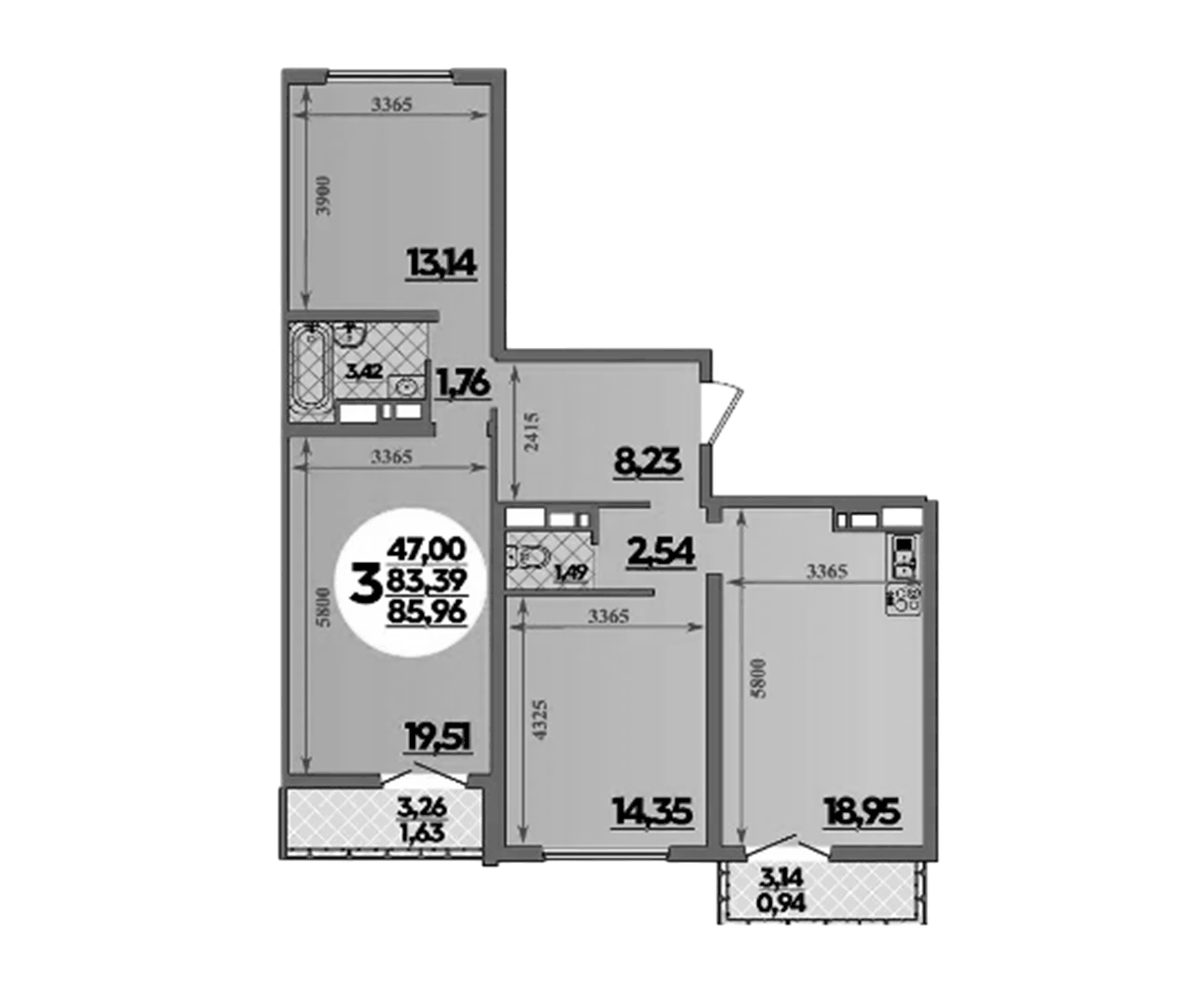 Планировка трёхкомнатная 85.96 м² в ЖК «Город у моря», корпус 21