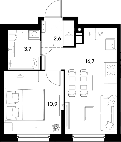 Планировка однокомнатная 33.9 м² в ЖК «Грейд», корпус 17
