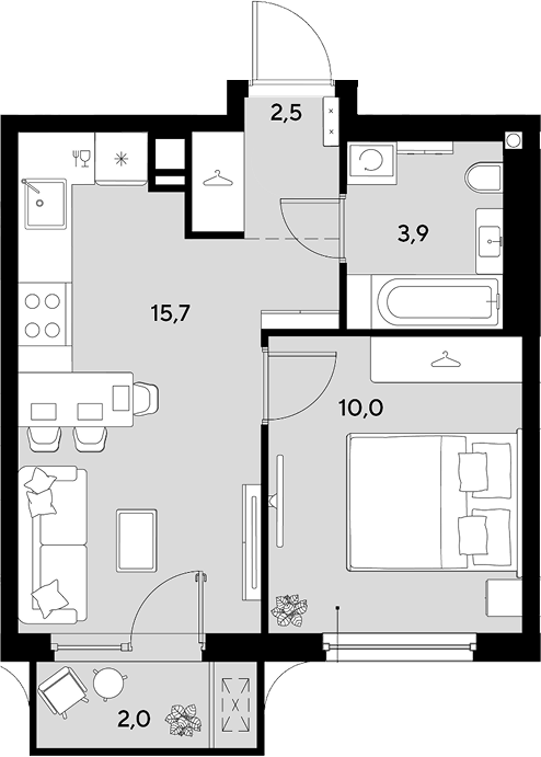 Планировка однокомнатная 34.1 м² в ЖК «Грейд», корпус 16