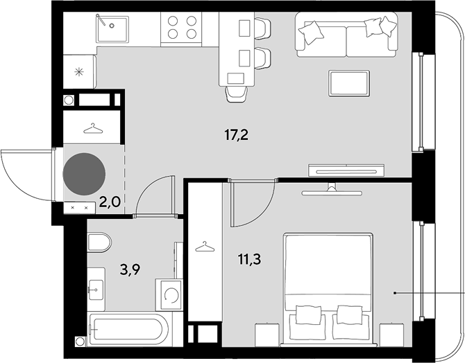 Планировка евродвушка (2Е) 34.4 м² в ЖК «Грейд», корпус 13