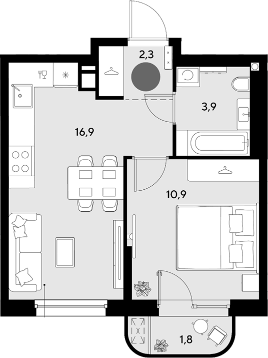Планировка евродвушка (2Е) 35.8 м² в ЖК «Грейд», корпус 14