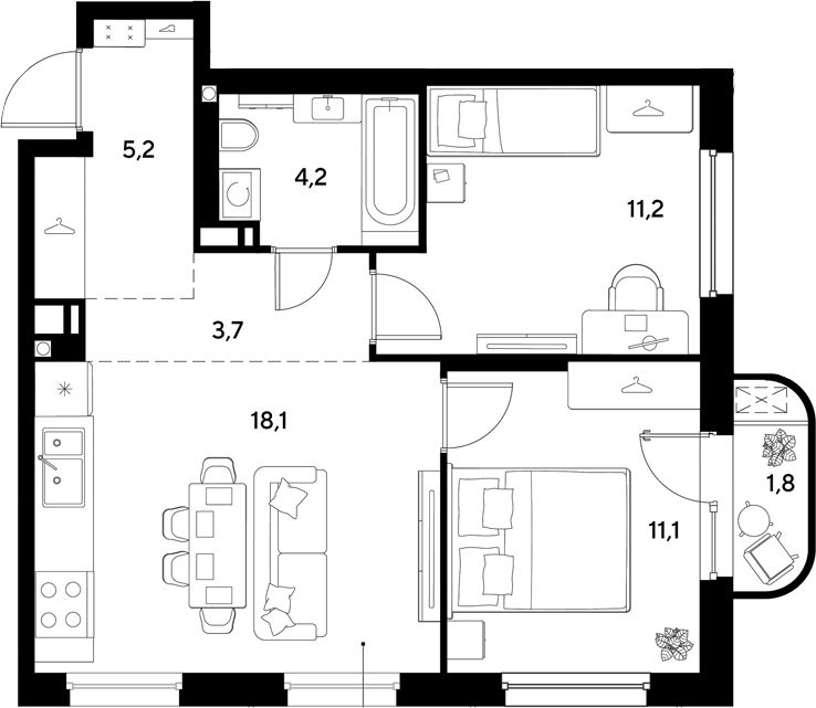 Планировка двухкомнатная 55.3 м² в ЖК «Грейд», корпус 17
