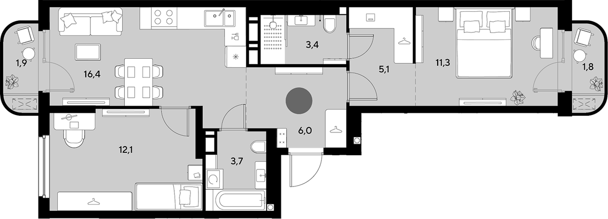 Планировка евротрёшка (3Е) 61.7 м² в ЖК «Грейд», корпус 13
