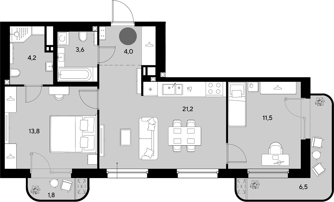 Планировка евротрёшка (3Е) 66.6 м² в ЖК «Грейд», корпус 13