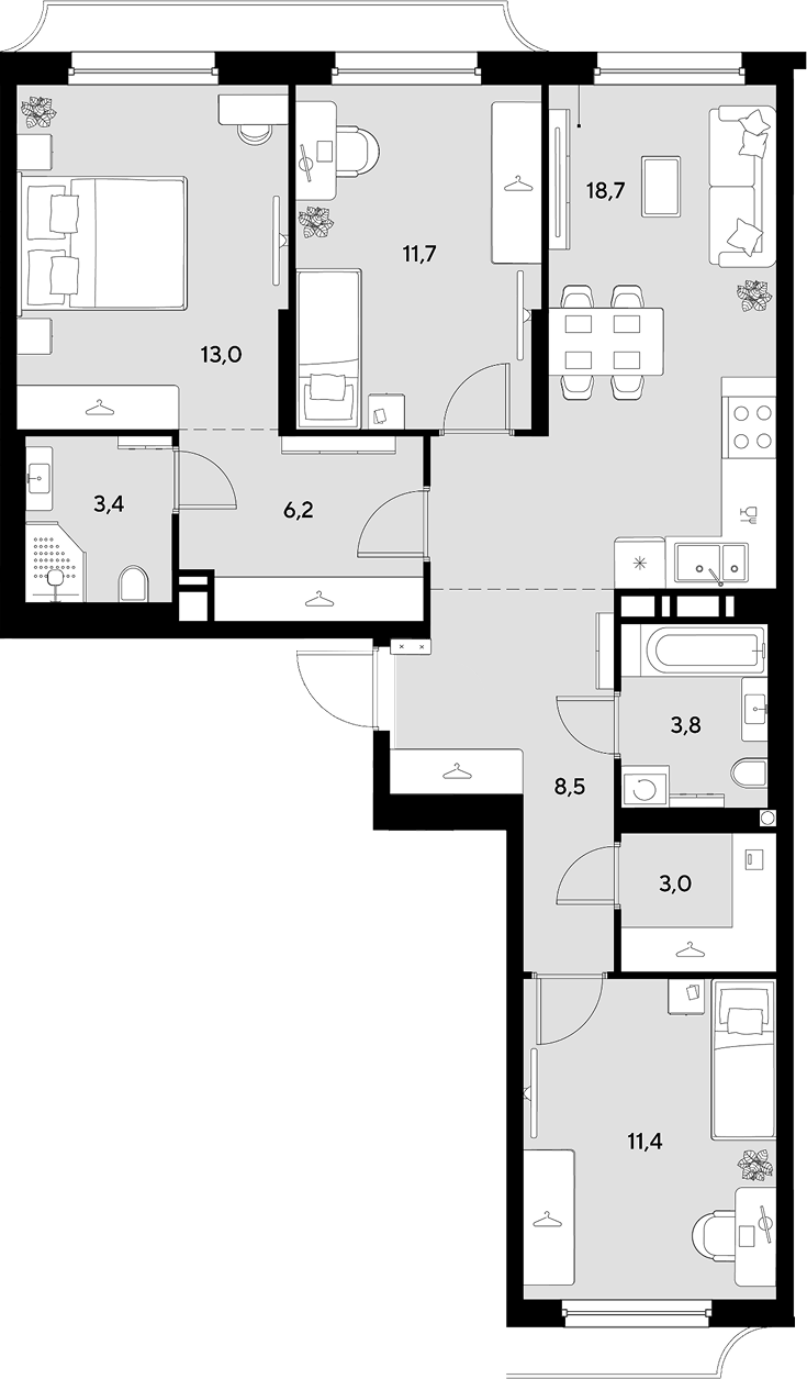 Планировка трёхкомнатная 79.7 м² в ЖК «Грейд», корпус 16