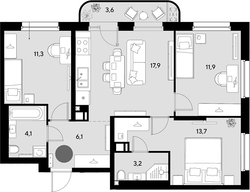 Планировка евро-4 (4Е) 71.8 м² в ЖК «Грейд», корпус 12