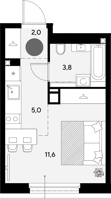 Планировка Студии 22.4 м² в ЖК «Грейд», корпус 14