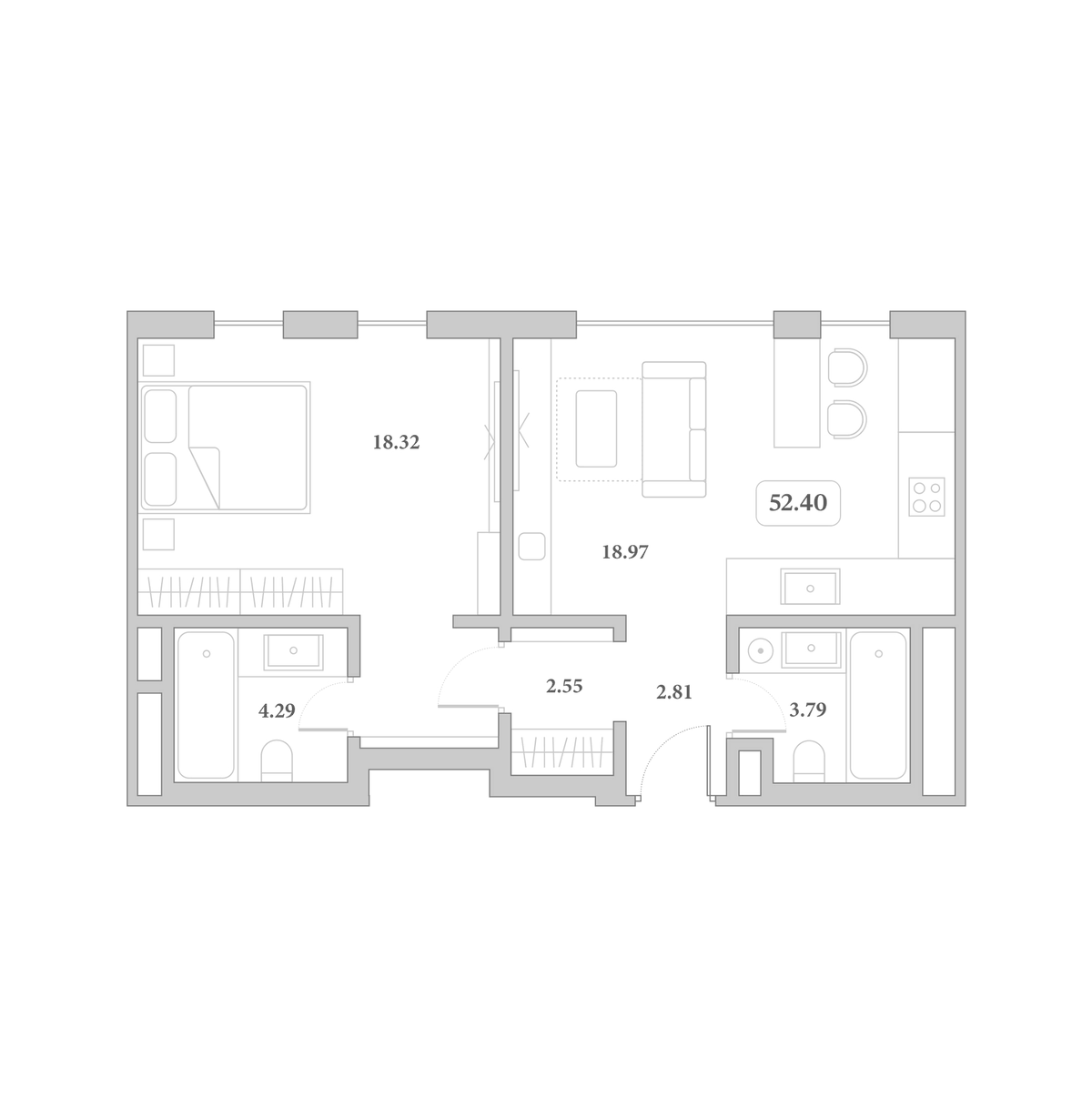 Планировка евродвушка (2Е) 52.4 м² в ЖК «Граф Толстой», корпус 27