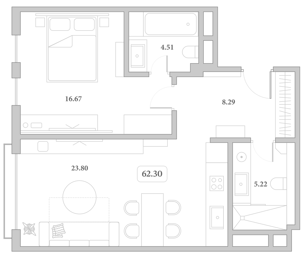 Планировка евродвушка (2Е) 62.3 м² в ЖК «Граф Толстой», корпус 26