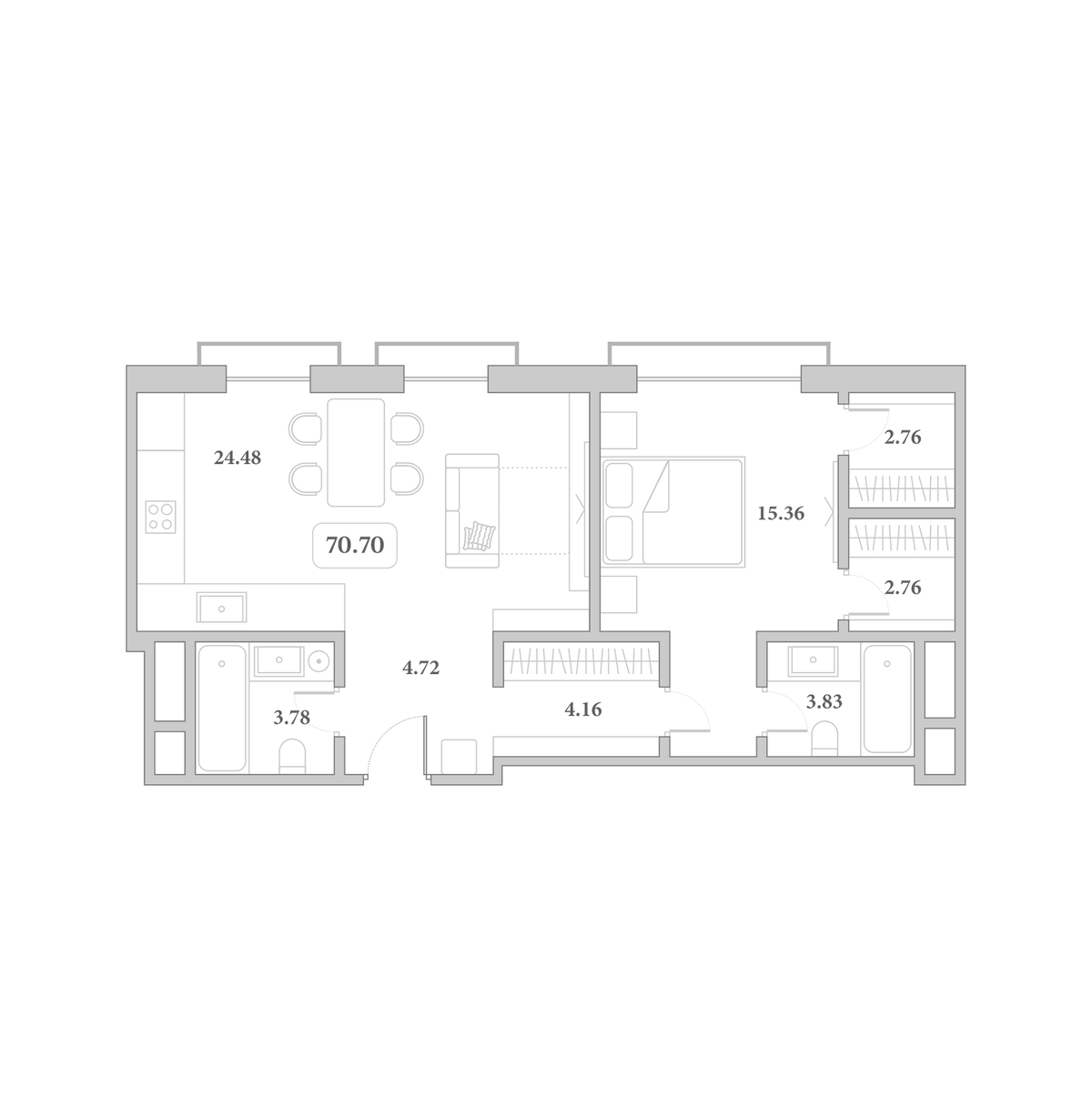 Планировка евродвушка (2Е) 70.7 м² в ЖК «Граф Толстой», корпус 27