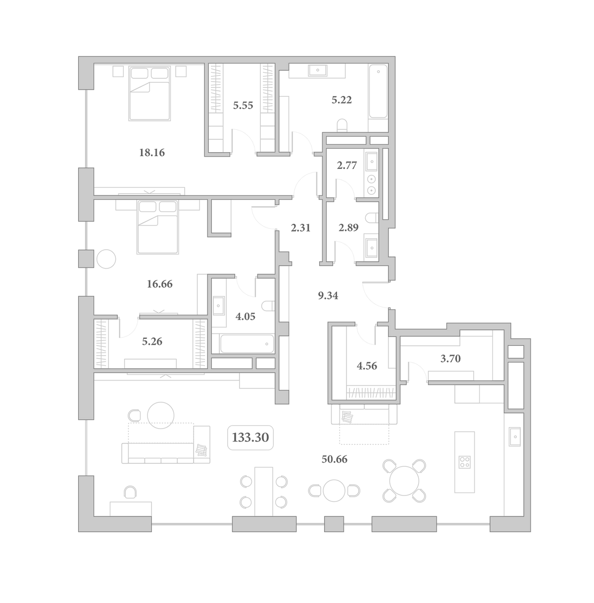 Планировка евротрёшка (3Е) 133.3 м² в ЖК «Граф Толстой», корпус 27