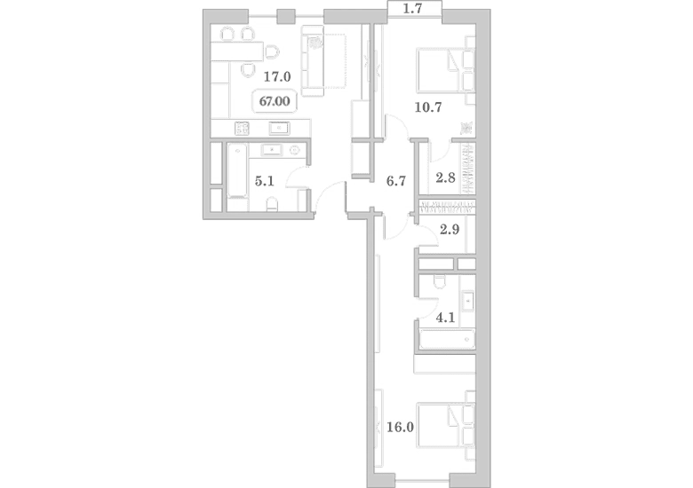 Планировка евротрёшка (3Е) 67 м² в ЖК «Граф Толстой», корпус 26