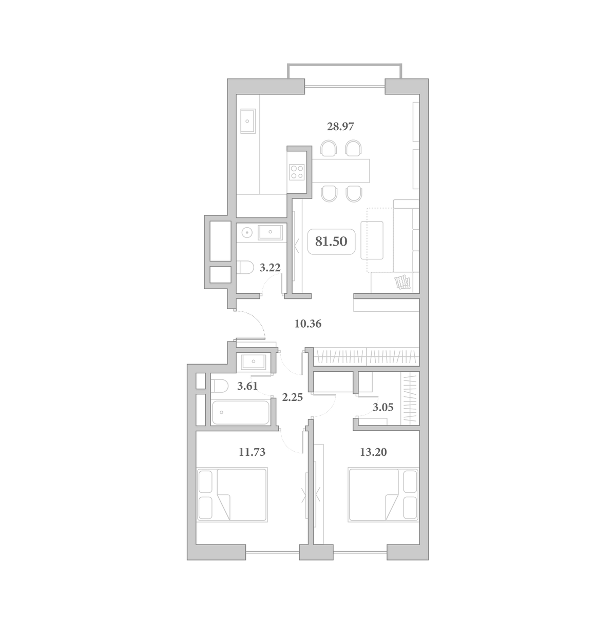 Планировка евротрёшка (3Е) 81.5 м² в ЖК «Граф Толстой», корпус 27