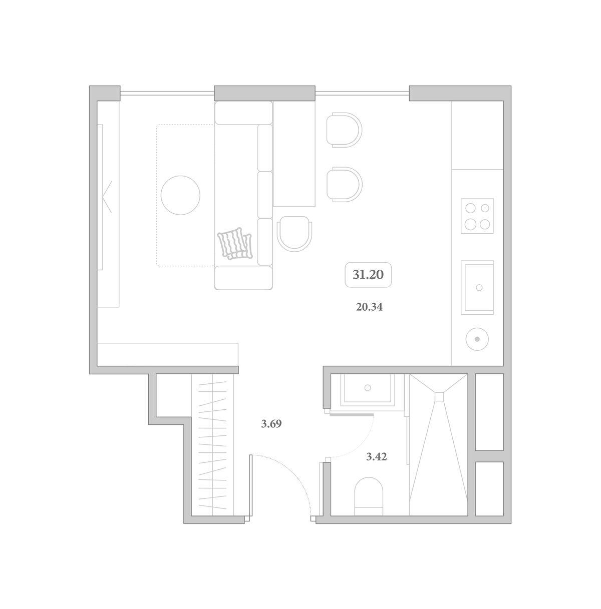 Планировка Студии 31.2 м² в ЖК «Граф Толстой», корпус 27