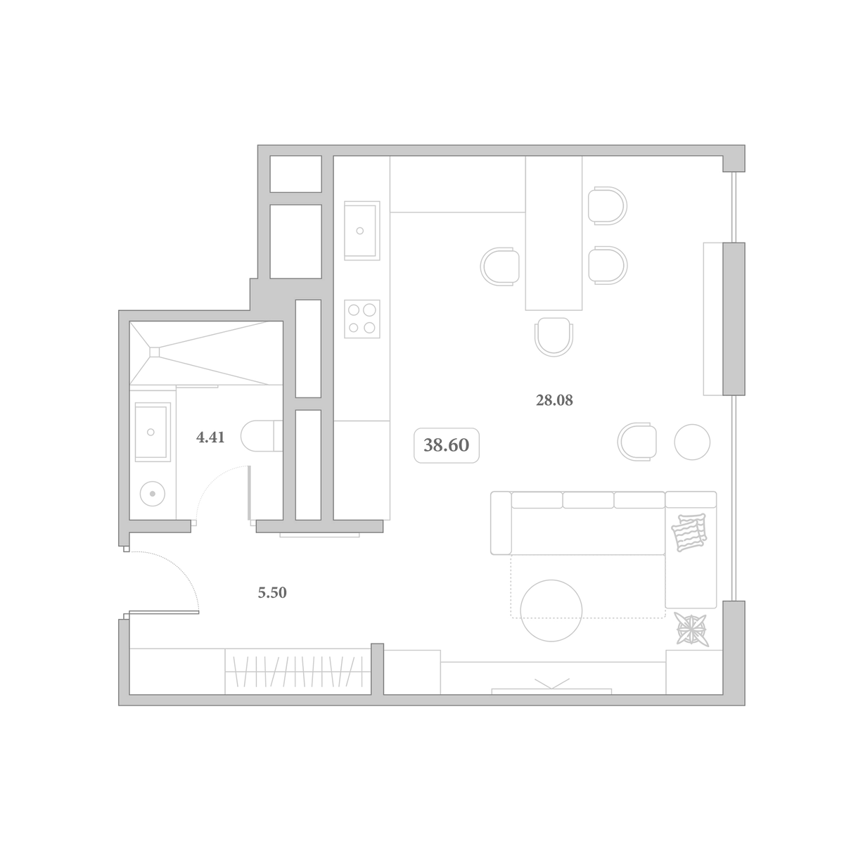 Планировка Студии 38.6 м² в ЖК «Граф Толстой», корпус 27