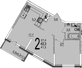 Планировка евродвушка (2Е) 42.3 м² в ЖК «Грани», корпус 4