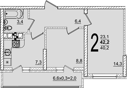 Планировка двухкомнатная 42.2 м² в ЖК «Грани», корпус 5