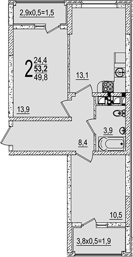 Планировка двухкомнатная 53.2 м² в ЖК «Грани», корпус 5