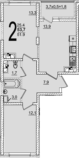 Планировка двухкомнатная 53.7 м² в ЖК «Грани», корпус 5