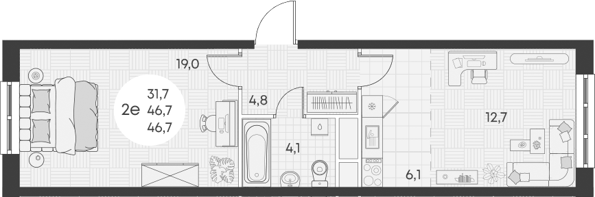 Планировка евродвушка (2Е) 46.7 м² в ЖК «Грин Эппл», корпус 1