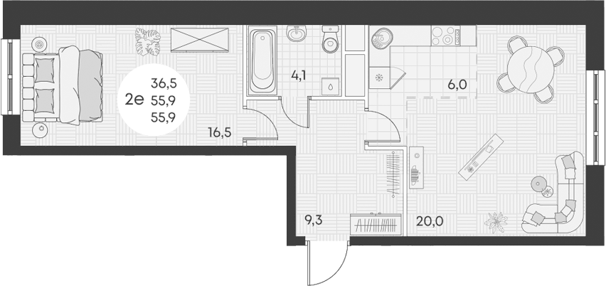Планировка евродвушка (2Е) 55.9 м² в ЖК «Грин Эппл», корпус 1