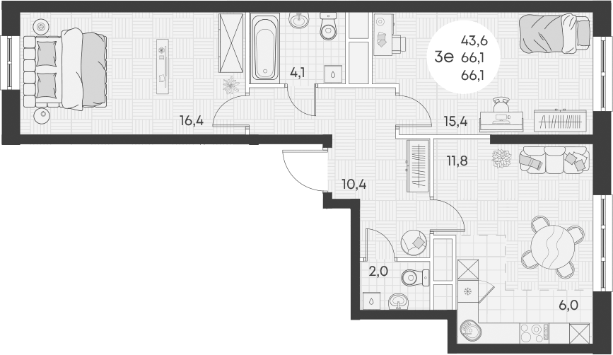 Планировка евротрёшка (3Е) 66.1 м² в ЖК «Грин Эппл», корпус 1