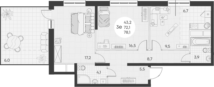 Планировка евротрёшка (3Е) 78.1 м² в ЖК «Грин Эппл», корпус 1