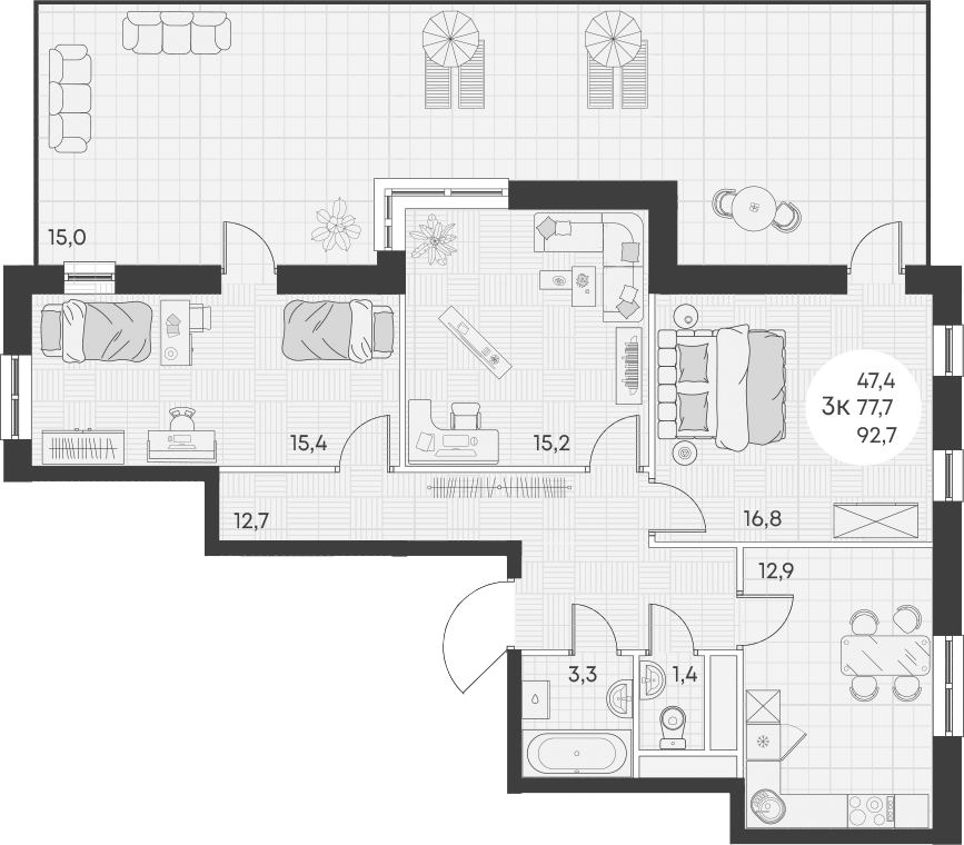 Планировка трёхкомнатная 92.7 м² в ЖК «Грин Эппл», корпус 1