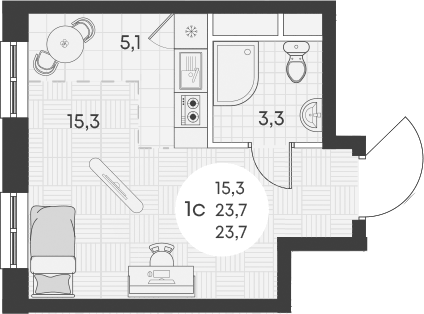 Планировка Студии 23.7 м² в ЖК «Грин Эппл», корпус 1