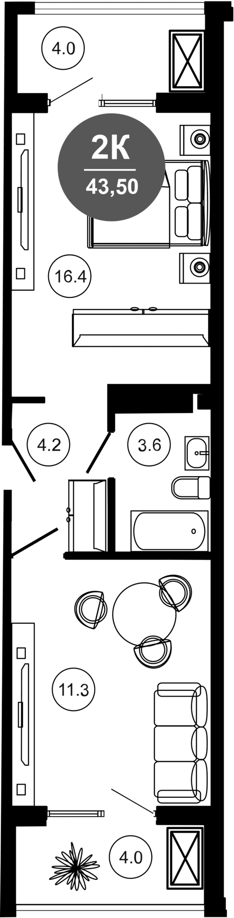 Планировка однокомнатная 43.5 м² в ЖК «Гостиничный комплекс GREENMONT», корпус 1